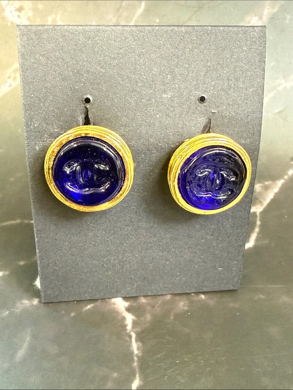 Chanel Vintage Blue Gripoix CC Button Motif Clip-on Earring